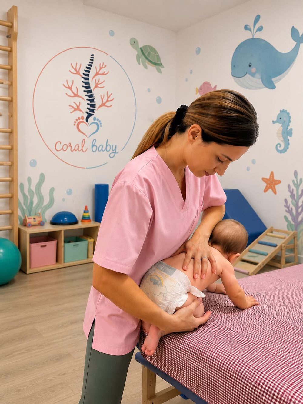 Sala de terapie Coral Baby, cu logoul pictat pe perete, spalier de lemn și decor marin